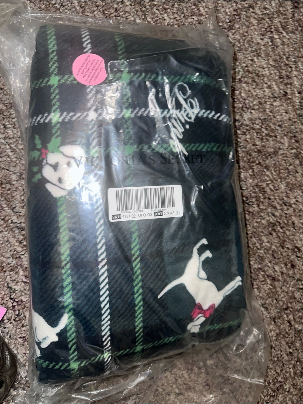 Victoria's Secret Navy and Green Plaid Throw with dog Motif